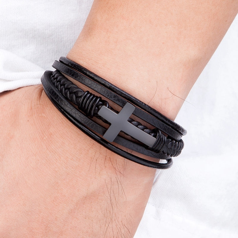 Cross Stainless Steel Men Leather Bracelet - Multiple Styles