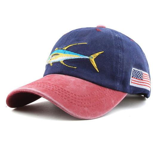 Fish & USA Flag Embroidered Cotton Baseball Cap Hat - Perfect for Outdoor Adventures!