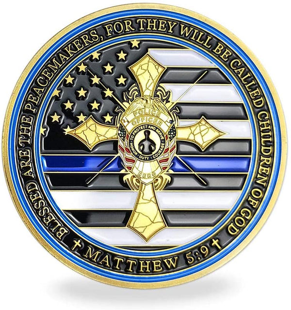 Police Officers Thin Blue Line Flag Law Enforcement Cross Challenge Coin Gift - Proud Christian Support for our Brave Police Officers
